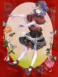 Rule 34 | 1girl, black footwear, black ribbon, black skirt, blue hair, breasts, bug, butterfly, cabbie hat, chinese clothes, chrysanthemum, commentary request, fingernails, floral print, flower, full body, hair between eyes, hair ornament, hat, hat ornament, highres, insect, jiangshi, lace-trimmed sleeves, lace trim, long bangs, looking at viewer, miyako yoshika, natsuakari, neck ribbon, ofuda, open mouth, outstretched arms, pink flower, print footwear, print skirt, purple butterfly, purple eyes, purple hat, red shirt, ribbon, sharp fingernails, sharp teeth, shirt, short hair, short sleeves, skirt, small breasts, solo, star (symbol), star hat ornament, tangzhuang, teeth, touhou, wide sleeves, yellow flower, zombie pose