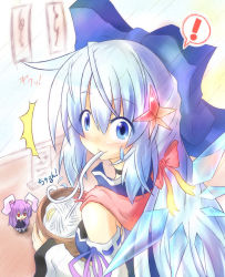 Rule 34 | !, 1girl, :x, ^^^, animal ears, blue eyes, blue hair, blush, bow, bowl, cirno, commentary request, detached sleeves, eating, food, hair bow, hair ornament, jitome, light purple hair, long hair, matching hair/eyes, noodles, aged up, rabbit ears, red eyes, reisen udongein inaba, smile, solo, surprised, touhou, wings, yurume atsushi