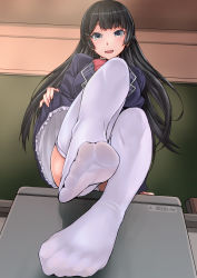 Rule 34 | 1girl, black hair, blue eyes, blush, chalkboard, classroom, clothes lift, desk, feet, female focus, foot focus, from below, hair ornament, hairclip, kokuriu, long hair, looking at viewer, nijisanji, no shoes, open mouth, panties, pantyshot, parted lips, pov, sitting, skirt, skirt lift, smile, soles, solo, thighhighs, tsukino mito, underwear, virtual youtuber, white thighhighs
