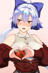 Rule 34 | 1girl, bare shoulders, blush, box, breasts, contemporary, fate/grand order, fate (series), gift, gift box, hair between eyes, heart, heart-shaped boob challenge, heart-shaped box, heart hands, highres, kuroshiro (ms-2420), large breasts, long hair, looking to the side, off-shoulder sweater, off shoulder, open mouth, ponytail, red eyes, red sweater, silver hair, solo, sweater, tomoe gozen (fate), valentine