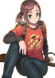 Rule 34 | 1girl, animification, backpack, bag, brown hair, denim, ellie (the last of us), freckles, green eyes, highres, jeans, lips, looking at viewer, low ponytail, nose, pants, ponytail, sitting, solo, the last of us, the last of us (series), tsuji santa, white background
