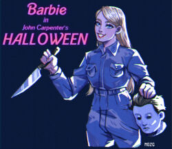 Rule 34 | 1girl, artist name, barbie (character), barbie (franchise), blonde hair, blue eyes, blue pants, blue shirt, character name, commentary, copyright name, earrings, english commentary, halloween (movie), highres, holding, holding head, holding knife, horror (theme), jewelry, knife, lipstick, long hair, makeup, michael myers, mozg (bruh), pants, pink nails, pocket, shirt, simple background, solo, standing, stud earrings