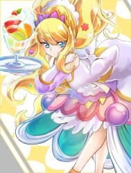 Rule 34 | 1girl, artist name, blonde hair, blue eyes, clear glass (mildmild1311), commentary request, cure finale, delicious party precure, dress, eyelashes, hair ornament, happy, highres, kasai amane, long hair, looking at viewer, magical girl, parfait, precure, signature, smile, solo, standing, twitter username