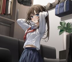 Rule 34 | 1girl, :o, absurdres, arms behind head, arms up, bag, black skirt, blue bag, blue eyes, blush, breasts, brown hair, clothes, couch, hand in own hair, highres, indoors, long hair, long sleeves, looking at viewer, medium breasts, midriff, neckerchief, open mouth, original, plant, potted plant, red neckerchief, school uniform, serafuku, shirt, skirt, solcha, solo, wardrobe, white shirt