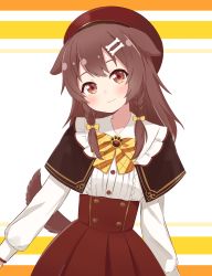 Rule 34 | 1girl, :3, absurdres, animal ears, beret, blouse, blush, bone hair ornament, bow, bowtie, braid, brooch, brown capelet, brown eyes, brown hair, buttons, capelet, cartoon bone, center frills, closed mouth, commentary, dog ears, dog girl, dog tail, frills, hair between eyes, hair bow, hair ornament, hairclip, hat, highres, hololive, inugami korone, inugami korone (street), ixia (ixia424), jewelry, long hair, looking at viewer, low twin braids, plaid, plaid bow, red hat, red skirt, shirt, skirt, solo, standing, striped, striped background, tail, twin braids, virtual youtuber, white background, white shirt, yellow bow