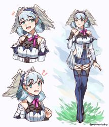 Rule 34 | !?, 1girl, blue eyes, blush, braid, breasts, crown braid, full body, grass, graysheartart, head wings, juliet sleeves, long sleeves, looking at viewer, medium breasts, melia antiqua, multiple views, nintendo, o-ring, open mouth, puffy sleeves, signature, silver hair, simple background, thighhighs, white background, wings, xenoblade chronicles: future connected, xenoblade chronicles (series), xenoblade chronicles 1
