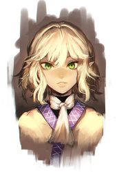 Rule 34 | 1girl, bad id, bad twitter id, gradient background, green eyes, kinketsu, lips, looking at viewer, mizuhashi parsee, parted lips, pointy ears, portrait, robe, scarf, short hair, solo, touhou, undershirt
