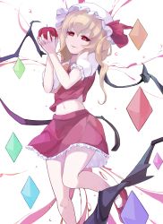 Rule 34 | 1girl, apple, ascot, blonde hair, colored sclera, crystal, flandre scarlet, food, fruit, hat, hat ribbon, highres, looking at viewer, miniskirt, mob cap, navel, poini (king-scarlet-dead), puffy short sleeves, puffy sleeves, red eyes, red footwear, red ribbon, red sclera, red skirt, ribbon, shoes, short sleeves, side ponytail, skirt, skirt set, smile, solo, touhou, wings