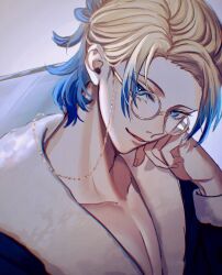 Rule 34 | 1boy, blonde hair, blue eyes, blue hair, blue lock, commentary request, fingernails, glasses, gradient hair, hand up, highres, kyul gnsn, long sleeves, looking at viewer, male focus, michael kaiser, multicolored hair, parted lips, solo, two-tone hair, upper body
