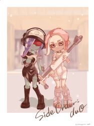Rule 34 | 2girls, agent 8 (splatoon), baseball cap, black dress, black footwear, blue hair, blurry, blurry background, bodysuit, boots, border, closed mouth, colored skin, commentary, conagona 384, copyright name, cross-laced footwear, cross-laced slit, dedf1sh, dress, english commentary, green skin, gun, hat, headphones, headphones over headwear, highres, holding, holding gun, holding weapon, long hair, multiple girls, nintendo, octoling, octoling girl, octoling player character, order charger (splatoon), order dualies (splatoon), outside border, print headwear, red-tinted eyewear, sanitized (splatoon), sleeveless, sleeveless bodysuit, socks, splatoon (series), splatoon 3, splatoon 3: side order, sunglasses, tentacle hair, tinted eyewear, weapon, white bodysuit, white border, white footwear, white socks