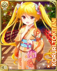 Rule 34 | 1girl, blonde hair, bow, bridge, card (medium), character name, earrings, fireworks, flower, full moon, girlfriend (kari), hair flower, hair ornament, japanese clothes, jewelry, kimono, long hair, looking at viewer, moon, night, official art, open mouth, outdoors, purple kimono, qp:flapper, red bow, smile, solo, standing, tagme, tokitani koruri, twintails, yellow eyes