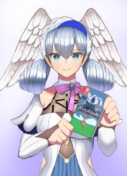 Rule 34 | 1girl, blue hairband, braid, breasts, crown braid, green eyes, hairband, head wings, highres, juliet sleeves, long sleeves, looking at viewer, medium breasts, melia antiqua, nintendo, o-ring, puffy sleeves, shivelight, silver hair, smile, solo, upper body, video game, white background, wings, xenoblade chronicles, xenoblade chronicles: future connected, xenoblade chronicles (series), xenoblade chronicles 1
