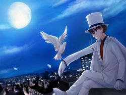 Rule 34 | 1boy, arya (tianhua), bird, black hair, feathers, formal, gloves, hat, kaitou kid, magic kaito, male focus, monocle, moon, necktie, night, outdoors, red necktie, short hair, solo, suit, white gloves, white hat