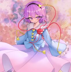 Rule 34 | 1girl, absurdres, black hairband, blue shirt, closed mouth, commentary request, frilled sleeves, frills, hairband, heart, highres, komeiji satori, long sleeves, looking at viewer, pink skirt, shirt, short hair, skirt, smile, solo, sugar you, third eye, touhou