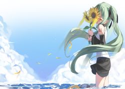 Rule 34 | 1girl, absurdres, aqua hair, bare shoulders, black skirt, black sleeves, blouse, blue sky, blush, cloud, commentary, crying, day, detached sleeves, closed eyes, falling leaves, flower, from side, hair ornament, hatsune miku, highres, holding, holding flower, huge filesize, kimyo, leaf, long hair, ocean, outdoors, petals, reflection, shirt, shoulder tattoo, skirt, sky, sleeveless, sleeveless shirt, smile, solo, sunflower, tattoo, tears, twintails, very long hair, vocaloid, wading, water, white shirt