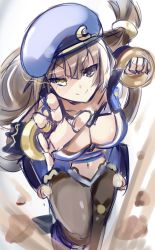 Rule 34 | 1girl, bimmy, bodysuit, bracelet, breasts, brown hair, c-sha, cleavage, green eyes, hairband, hat, highres, incoming attack, incoming punch, jewelry, long hair, medium breasts, neptune (series), ponytail, punching, ring, smile