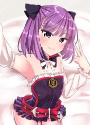 Rule 34 | 1girl, arm up, armpits, bare shoulders, belt, black leotard, chawan (yultutari), detached collar, detached sleeves, fate/grand order, fate (series), from above, helena blavatsky (fate), highres, leotard, looking up, lying, on back, purple eyes, purple hair, reaching, reaching towards viewer, ribbon, selfie, short hair, smile, solo, strapless, strapless leotard, v