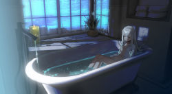 Rule 34 | 1girl, bath, bathtub, blue sky, blunt bangs, breasts, burning, candle, cityscape, closed eyes, closed mouth, collarbone, collared shirt, commentary, copyright request, dress shirt, english commentary, fire, highres, indoors, liyou-ryon, long hair, medium breasts, naked shirt, navel, open clothes, open shirt, plant, potted plant, shirt, silver hair, sky, solo, towel, very long hair, virtual youtuber, water, white shirt