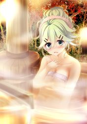 Rule 34 | 1girl, bare shoulders, blush, breasts, cleavage, collarbone, commentary request, green eyes, green hair, hair between eyes, hair ornament, hairclip, hand on own chest, in water, kakeyu, kantai collection, looking at viewer, medium breasts, naked towel, onsen, open mouth, outdoors, parted bangs, reflection, sidelocks, solo, towel, tree, yamakaze (kancolle)