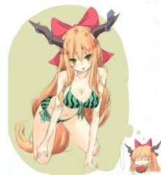 Rule 34 | ..., 1girl, :p, aged up, annoyed, bikini, breast conscious, breasts, cleavage, female focus, food, food-themed clothes, food print, front-tie top, fruit, graphite (medium), horns, ibuki suika, imagining, kneeling, large breasts, long hair, looking at viewer, mixed media, nabeshima tetsuhiro, orange hair, ribbon, side-tie bikini bottom, sketch, solo, striped bikini, striped clothes, swimsuit, thought bubble, tongue, tongue out, touhou, traditional media, watermelon, watermelon print, yellow eyes