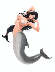 Rule 34 | 1girl, armpits, arms behind back, arms up, black hair, breasts, cleavage, collarbone, final fantasy, final fantasy vii, final fantasy vii remake, full body, highres, large breasts, long hair, looking at viewer, low-tied long hair, mermaid, midriff, monster girl, monsterification, navel, red eyes, shell, shell bikini, smile, solo, spykeee, square enix, tifa lockhart, very long hair, watermark, white background