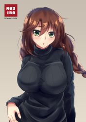 Rule 34 | 10s, 1girl, :o, absurdres, arm at side, black sweater, braid, breasts, brown hair, eyebrows, green eyes, hair between eyes, highres, kantai collection, large breasts, long hair, looking at viewer, loussier666, noshiro (kancolle), simple background, solo, sweater, turtleneck, twitter username, upper body