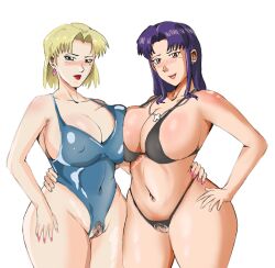 Rule 34 | 2girls, akagi ritsuko, bikini, black bikini, blue one-piece swimsuit, breast press, breasts, breasts squeezed together, cleavage, crotchless, crotchless swimsuit, curvy, highres, huge breasts, katsuragi misato, large breasts, lipstick, makeup, mole, multiple girls, neon genesis evangelion, one-piece swimsuit, panarandom, plump, pubic hair, pussy, red lips, scar, smile, swimsuit, wide hips