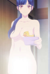 Rule 34 | 1girl, absurdres, anime screenshot, blue hair, blush, breasts, collarbone, completely nude, convenient censoring, hair censor, hair over breasts, hair over one breast, highres, indoors, large breasts, long hair, megami no kafeterasu, navel, nude, ponytail, rubber duck, screencap, sidelocks, smile, solo, standing, steam, steam censor, stitched, stomach, third-party edit, tsuruga ami, yellow eyes