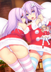 Rule 34 | 10s, 3girls, :d, ass, blonde hair, blue eyes, book, d-pad, daiaru, female focus, hair ornament, highres, histoire, light purple hair, long hair, looking at viewer, looking back, looking to the side, mini person, minigirl, multiple girls, nepgear, neptune (neptunia), neptune (series), open mouth, panties, purple eyes, santa costume, short hair, siblings, sisters, size difference, smile, striped clothes, striped legwear, striped panties, striped thighhighs, thighhighs, underwear, upskirt, wings