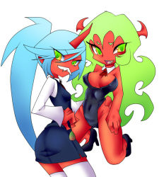 Rule 34 | 10s, 2girls, alternate costume, bare legs, bare shoulders, blue hair, blush, bow, bowtie, breasts, chibi, cleavage, covered navel, demon girl, facial hair, fake facial hair, fake mustache, fang, fangs, glasses, green eyes, green hair, high heels, horns, kneeling, kneesocks (psg), large breasts, leotard, long hair, looking back, multiple girls, mustache, nabe (ingenmame), navel, open mouth, panty &amp; stocking with garterbelt, playboy bunny, pointy ears, ponytail, scanty (psg), shoes, siblings, simple background, sisters, skirt, small breasts, smile, smirk, standing, thighhighs, very long hair, white background, white legwear, zettai ryouiki