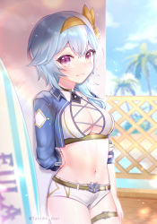 Rule 34 | 1girl, :d, absurdres, alternate costume, arm behind back, bad id, bad twitter id, belt, blue hair, blurry, breasts, casual, cleavage, commentary, contemporary, depth of field, english commentary, eula (genshin impact), genshin impact, hair between eyes, hair ornament, hairband, highres, long hair, looking at viewer, medium breasts, midriff, navel, open mouth, purple eyes, sidelocks, smile, solo, tanukii don, twitter username