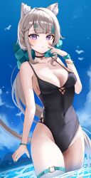 Rule 34 | 1girl, absurdres, animal ear fluff, animal ears, bare arms, bare shoulders, black choker, black one-piece swimsuit, blue sky, blunt bangs, blush, cat ears, choker, cloud, commentary request, covered navel, day, genshin impact, grey hair, groin, highres, long hair, looking at viewer, lynette (genshin impact), miruku pan, one-piece swimsuit, parted lips, purple eyes, sky, swimsuit, thigh strap, thighs, very long hair, wading, water