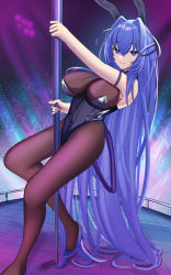 Rule 34 | 1girl, absurdly long hair, animal ears, arm strap, azur lane, black leotard, bodystocking, breasts, cleavage, fake animal ears, full body, high heels, highres, impossible clothes, large breasts, leotard, long hair, looking at viewer, new jersey (azur lane), new jersey (exhilarating steps!) (azur lane), nightclub, official alternate costume, oversized breast cup, playboy bunny, pole, pole dancing, purple eyes, purple hair, rabbit ears, ref (pmxt4483), see-through, see-through cleavage, shoes, stage lights, strapless, strapless leotard, stripper pole, very long hair