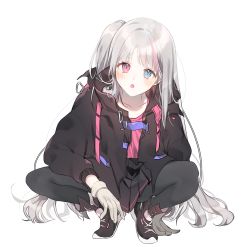 Rule 34 | 1girl, 2sham, :o, absurdres, bad id, bad pixiv id, blue eyes, blush, coat, collarbone, full body, girls&#039; frontline, gloves, grey hair, heterochromia, highres, long hair, long sleeves, looking at viewer, mdr (girls&#039; frontline), multicolored hair, open mouth, pantyhose, pink eyes, pink hair, shoes, simple background, sitting, sneakers, solo, streaked hair, unbuttoned, very long hair, white background, white gloves