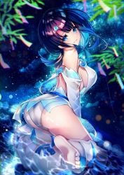 Rule 34 | 1girl, ass, bare shoulders, barefoot, black hair, blue eyes, breasts, chiachun0621, fate/grand order, fate/requiem, fate (series), from behind, highres, in water, large breasts, long hair, looking at viewer, looking back, magatama, night, night sky, seigaiha, sideboob, sitting, sky, smile, solo, star (sky), starry sky, tanabata, utsumi erice, wariza, water