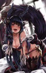 Rule 34 | 10s, 1girl, absurdres, animal ears, bare shoulders, barefoot, bed sheet, bell, black bra, black gloves, black hair, black panties, black thighhighs, blunt bangs, blush, bra, breasts, cleavage, erune, fox ears, fox shadow puppet, fox tail, fur, gloves, granblue fantasy, hair bell, hair ornament, hair ribbon, highres, indoors, jingle bell, large breasts, long hair, looking at viewer, maki (maki pei), navel, on bed, open mouth, panties, pinky out, red eyes, red ribbon, ribbon, smile, solo, sweat, tail, teeth, thighhighs, underwear, very long hair, window, yuel (granblue fantasy)