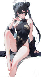 Rule 34 | 1girl, aged up, akagi (user khgu7328), bare legs, barefoot, black dress, black hair, blue archive, blush, breasts, butterfly hair ornament, china dress, chinese clothes, closed mouth, commentary, double bun, dragon print, dress, foot out of frame, grey eyes, grey halo, hair bun, hair ornament, halo, highres, kisaki (blue archive), long hair, looking at viewer, medium breasts, pelvic curtain, simple background, sleeveless, sleeveless dress, small breasts, solo, thighs, toes, twintails, white background
