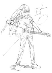 Rule 34 | 1girl, bocchi the rock!, closed mouth, commentary request, cube hair ornament, electric guitar, full body, gotoh hitori, greyscale, guitar, hair ornament, highres, instrument, korean commentary, long hair, monochrome, pants, playing guitar, shadow, shirt, short sleeves, solo, standing, sweat, zhr100
