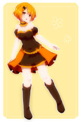 Rule 34 | 1girl, bare shoulders, boots, breasts, detached collar, full body, hair ornament, hair over one eye, highres, looking at viewer, open mouth, orange eyes, orange hair, original, short hair, simple background, skirt, solo, takeshima eku, tears