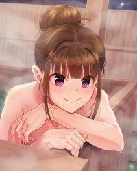 Rule 34 | 1girl, ahoge, arm support, bathing, blunt bangs, blurry, blush, brown hair, closed mouth, collarbone, depth of field, fence, hair bun, highres, idolmaster, idolmaster million live!, kamille (vcx68), long hair, looking at viewer, nail polish, night, night sky, nude, onsen, partially submerged, pink eyes, pink nails, single hair bun, sky, smile, solo, steam, tareme, upper body, water, water drop, wet, wood, wooden fence, yokoyama nao