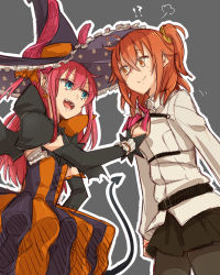 Rule 34 | 10s, 2girls, ahoge, belt, blue eyes, detached sleeves, dress, earrings, elizabeth bathory (fate), elizabeth bathory (fate), elizabeth bathory (halloween caster) (fate), fate/extra, fate/extra ccc, fate/grand order, fate (series), frills, fujimaru ritsuka (female), grey background, hair ornament, hat, highres, horns, jewelry, long hair, multiple girls, open mouth, orange eyes, pantyhose, pink hair, pointy ears, short hair, side ponytail, skirt, smile, tail, wings, witch hat