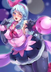 Rule 34 | 10s, 1girl, armpits, black pantyhose, blue eyes, blue hair, blush, covered erect nipples, dress, elbow gloves, gloves, hairband, happinesscharge precure!, highres, hosshiwa, long hair, looking at viewer, m/, matching hair/eyes, microphone, mogiki hayami, nipples, aged up, one eye closed, open mouth, pantyhose, precure, ribbon, smile, solo, sweat, wink