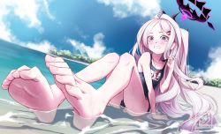 Rule 34 | 1girl, barefoot, beach, blue archive, blush, feet, foot focus, foreshortening, halo, hina (blue archive), horns, legs, long hair, ocean, purple eyes, soles, solo, swimsuit, toenails, toes, very long hair, water, whistle, whistle around neck, white hair