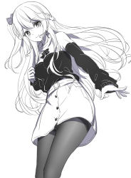 Rule 34 | 1girl, blush, braid, breasts, closed mouth, commentary request, emily stock, greyscale, hair between eyes, hair ornament, long hair, long sleeves, looking at viewer, medium breasts, monochrome, one side up, original, pantyhose, puffy long sleeves, puffy sleeves, ririko (zhuoyandesailaer), shirt, simple background, skirt, sleeves past wrists, smile, solo, thighband pantyhose, very long hair, white background