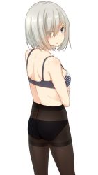 Rule 34 | 1girl, ass, black panties, blue eyes, blush, bra, breasts, cowboy shot, crotch seam, from behind, hair ornament, hair over one eye, hairclip, hamakaze (kancolle), kantai collection, looking at viewer, looking back, medium breasts, nagami yuu, open mouth, panties, panties under pantyhose, pantyhose, purple bra, short hair, silver hair, simple background, solo, standing, thighband pantyhose, underwear, upper body, white background