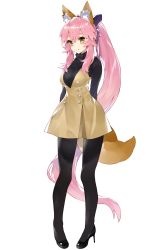Rule 34 | 10s, 1girl, absurdly long hair, absurdres, alternate hairstyle, animal ears, arms behind back, arms up, black footwear, black pantyhose, black sweater, blush, bow, breasts, brown dress, brown eyes, casual, closed mouth, dress, fate/extra, fate (series), fox ears, fox tail, full body, hair bow, high heels, highres, kou mashiro, legs apart, long hair, medium breasts, pantyhose, pigeon-toed, pink hair, ponytail, purple bow, simple background, smile, solo, sweater, tail, tamamo (fate), tamamo no mae (fate/extra), turtleneck, turtleneck sweater, very long hair, white background