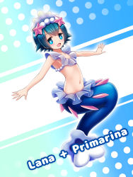 Rule 34 | 1girl, absurdres, armpits, arms up, bare shoulders, blue background, blue eyes, blue hair, bluebird (bluebird90), blush, character name, child, collarbone, cosplay, creatures (company), english text, flat chest, full body, game freak, gem, hair ornament, half-closed eyes, happy, highres, lana (pokemon), looking at viewer, matching hair/eyes, mermaid, mermaid costume, monster girl, navel, nintendo, open mouth, outstretched arms, pearl (gemstone), pokemon, pokemon sm, primarina (cosplay), shiny skin, short hair, simple background, smile, solo, starfish, tail, text focus