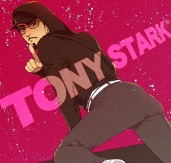 Rule 34 | 1boy, animification, ass, bad id, bad pixiv id, black hair, casual, character name, crawling, fabulous, facial hair, finger to mouth, hood, hoodie, male focus, marvel, marvel cinematic universe, mustache, solo, sunglasses, suzuki tsuta, tony stark