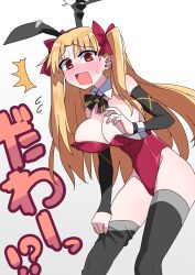 Rule 34 | 1girl, absurdres, akitokage, animal ears, black thighhighs, blonde hair, bow, breasts, detached collar, detached sleeves, earrings, ereshkigal (fate), fake animal ears, fate/grand order, fate (series), hair bow, highleg, highleg leotard, highres, hoop earrings, jewelry, leotard, long hair, looking at viewer, medium breasts, open mouth, parted bangs, playboy bunny, rabbit ears, red eyes, red leotard, solo, thighhighs, thighs, translation request, two side up, wrist cuffs