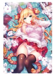 Rule 34 | absurdres, animal ears, black thighhighs, blonde hair, blouse, blurry, blurry foreground, bow, bow panties, breasts, camisole, cat ears, cat tail, cherry blossoms, closed mouth, clothes lift, depth of field, food, fork, fruit, green eyes, hair ribbon, highres, long hair, long sleeves, lying, medium breasts, melonbooks, on back, open clothes, open shirt, original, outdoors, panties, picnic, picnic basket, ribbon, riv (rivleaf), scan, school uniform, serafuku, shirt, skirt, skirt lift, sleeves past wrists, smile, solo, strap slip, strawberry, tail, thighhighs, two side up, underwear, white panties